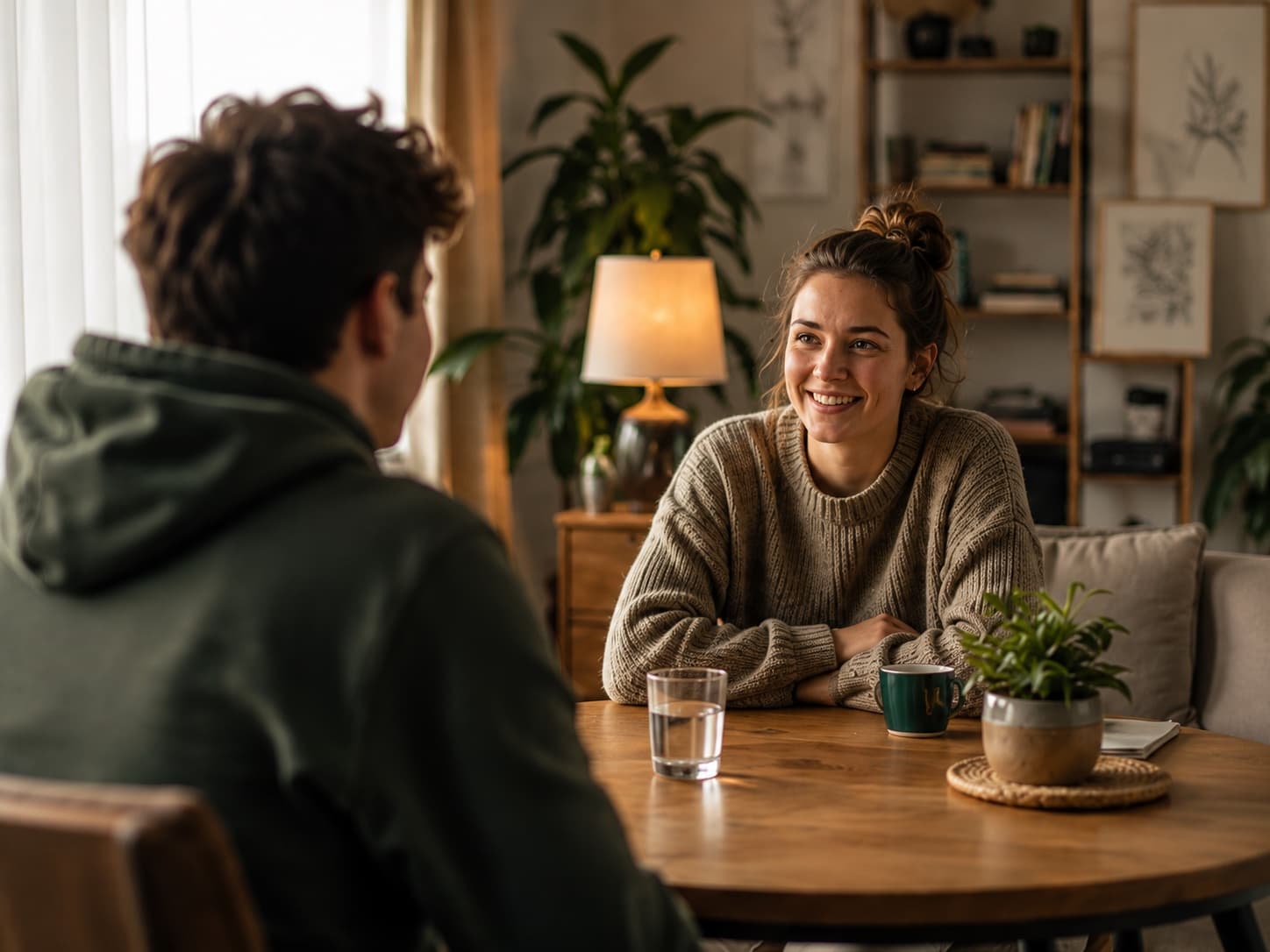 Begeleider en jongere in gesprek aan de eettafel.