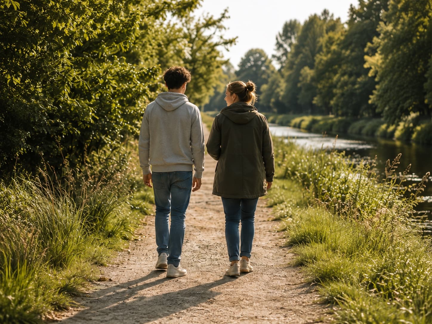 Jongere en begeleider lopen samen langs het water.